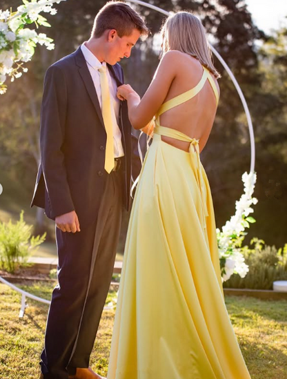 Modest Yellow Satin Long Evening Dresses with Side Slit Formal Party Dress  Y5217