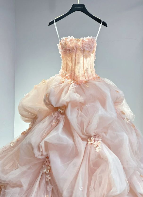 Pretty Pink Strapless Organza Appliques Long  Wedding Dress SP730