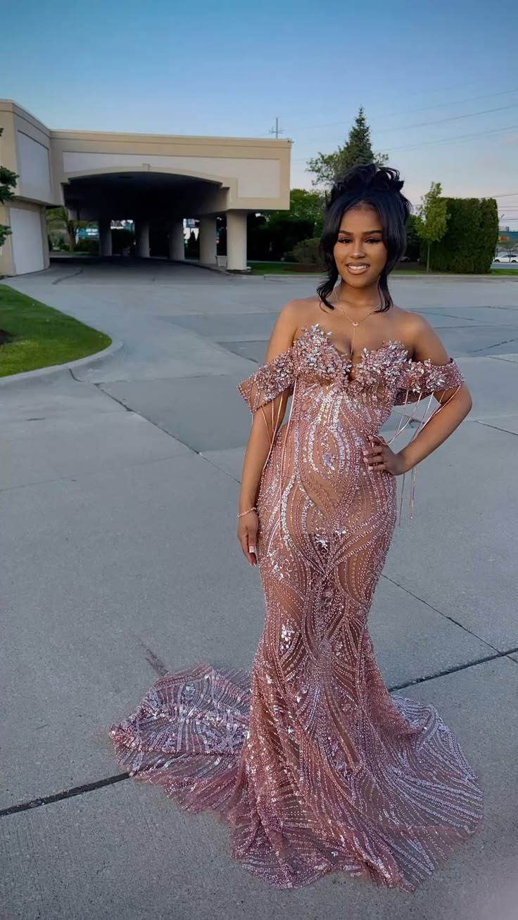 Gorgeous Off The Shoulder Pink Tulle Sequin Beaded Mermaid Long Prom Dress Party Gown SP3727