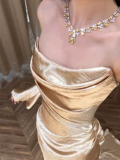 Chic Champagne Gold Satin Pleated Mermaid Long Party Dress Formal Wedding Guest Dress SP1090