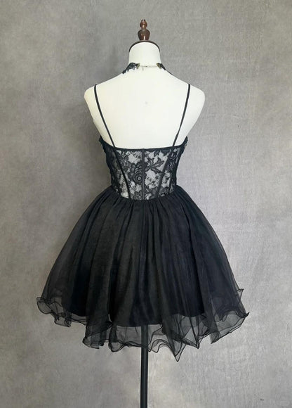 Retro Spaghetti Straps Tulle Beaded A Line Short 9th Grade Homecoming Dress,Black Short Prom Gown SP2916