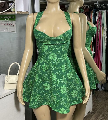 Vintage Halter Green Satin Print Floral A Line Cocktail Dress Formal Homecoming Dress Y9632