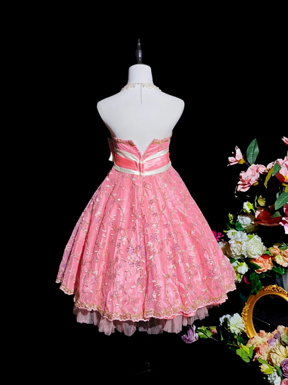 Gorgeous Pink Strapless Satin Tulle Embroidered A Line Short Homecoming Dress Birthday Outfits SP2710