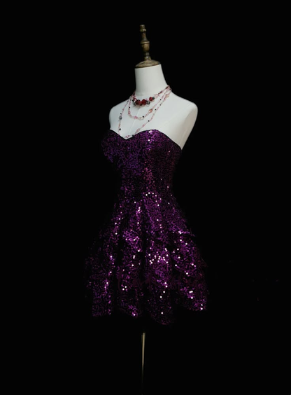 Sparkly Purple Sweetheart Neck Sequin Short 16th Birthday Dress Middle School Homecoming Dresses SP3887