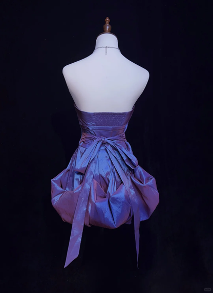 Cute Strapless Purple Satin Pleated A Line Short Graduation Homecoming Dress,Short Prom Gown SP2907