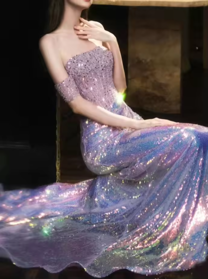 Glitter Off Shoulder Beaded Sequin Mermaid Prom Purple Formal Evening Gown Y8182