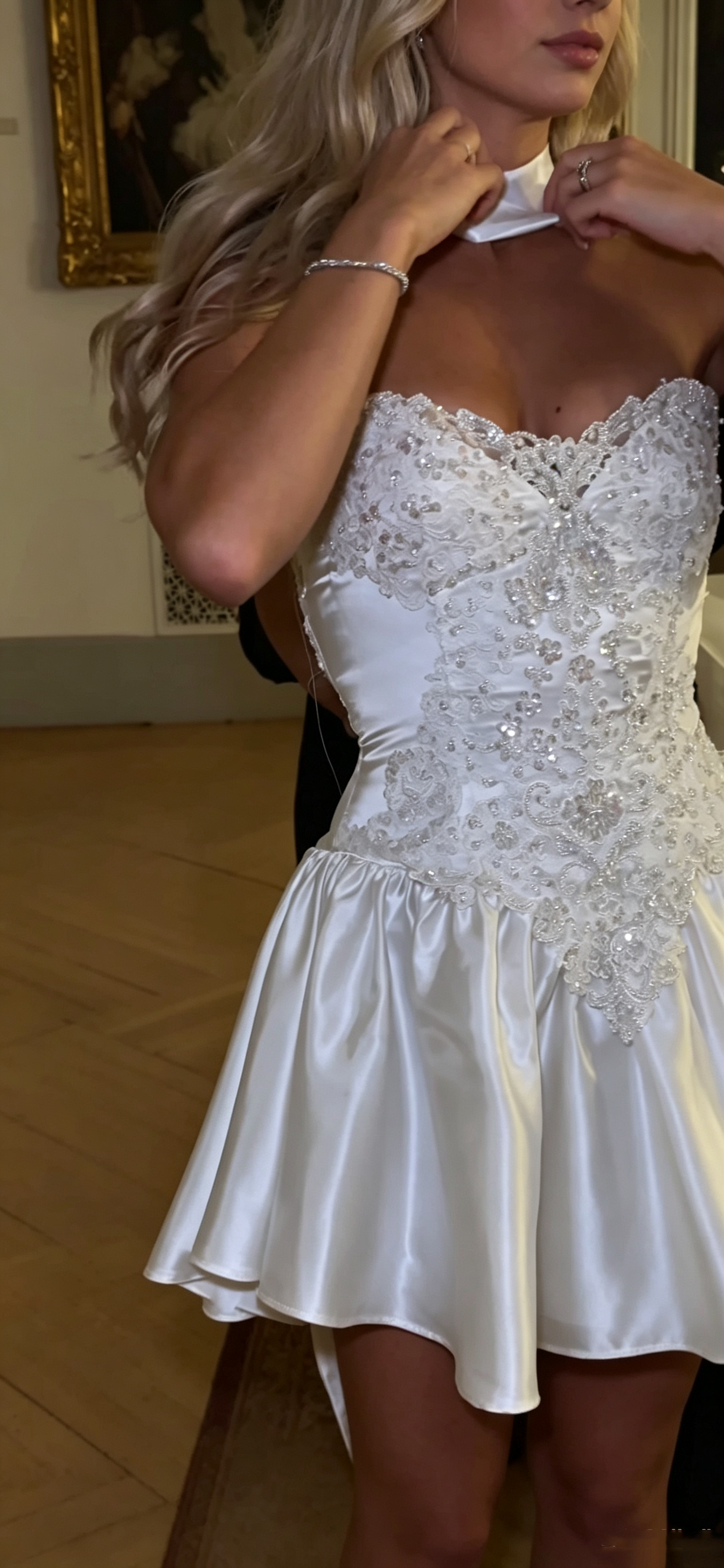Elegant Strapless White Satin Appliques Beaded A Line Short Graduation Homecoming Dress SP2996