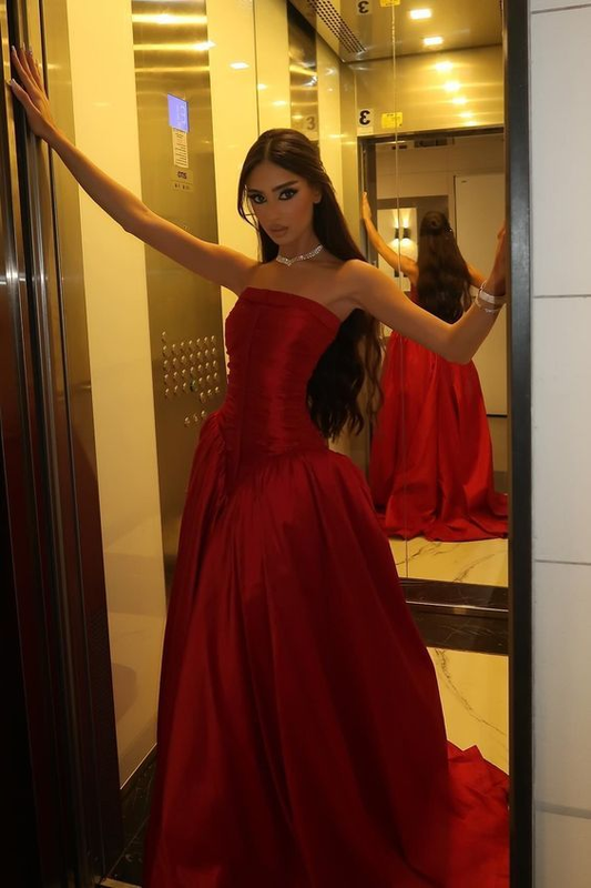 Beautiful Red Strapless Slit Party Evening Dress,Formal Satin A Line Prom Dress Y8170