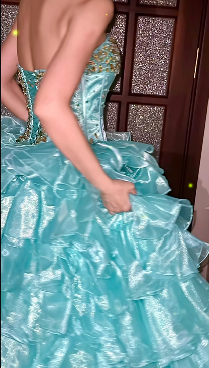 Classy Sweetheart Neck Blue Tulle Layered Beaded Long Birthday Prom Dress Evening Gown SP723