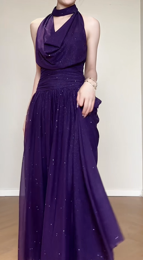 Shiny Halter Purple Tulle Sequin A Line Long Birthday Outfits Backless Evening Dress SP622