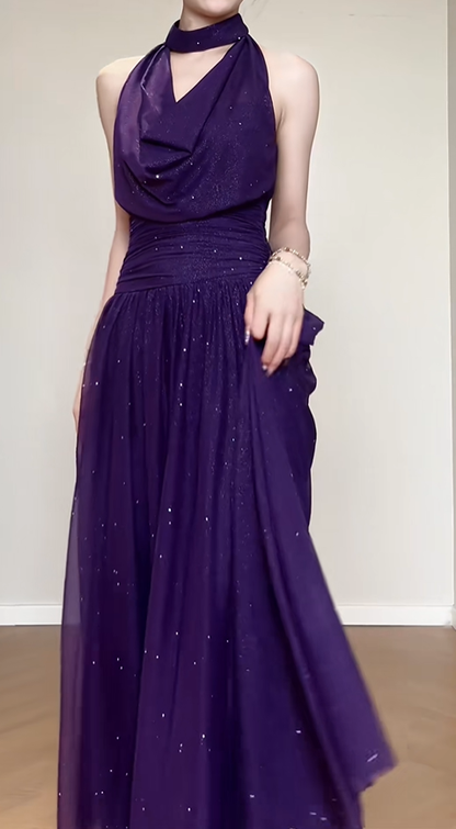 Shiny Halter Purple Tulle Sequin A Line Long Birthday Outfits Backless Evening Dress SP622