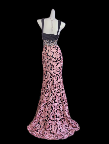 Vintage Pink Satin Print Floral Beaded Mermaid Prom Dress Long Party Dress SP349