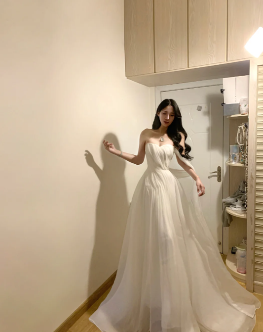 Elegant Strapless White Tulle Long Prom Dress Formal Party Gown SP297