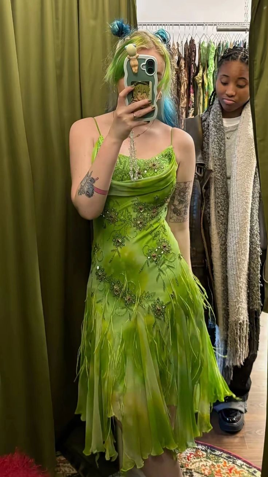 Unique Spaghetti Straps Apple Green Chiffon Beaded Mermaid Midi Prom Dress Formal Evening Gowns SP2175