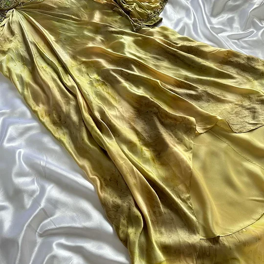 Gorgeous Spaghetti Straps Gold Satin Beaded Evening Dress Long Party Dress Y9735