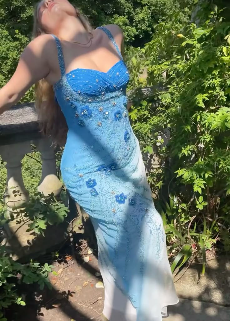 Gorgeous Blue Chiffon Beaded Sheath Long Party Gown Formal Evening Dress SP263
