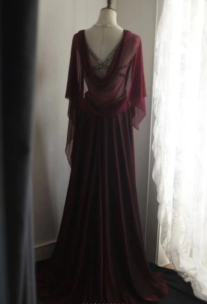 Sexy Burgundy Satin Beaded Backless Long Evening Dress Prom Gown SP848