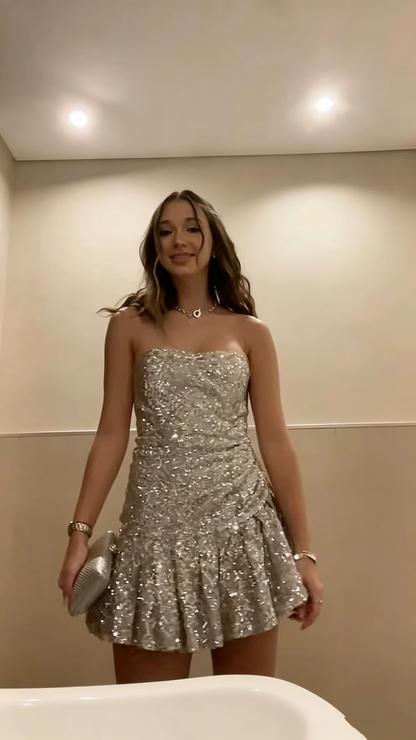 Sparkly Silver Sequin A Line Short Homecoming Dress,Strapless Short Prom Gown SP2890