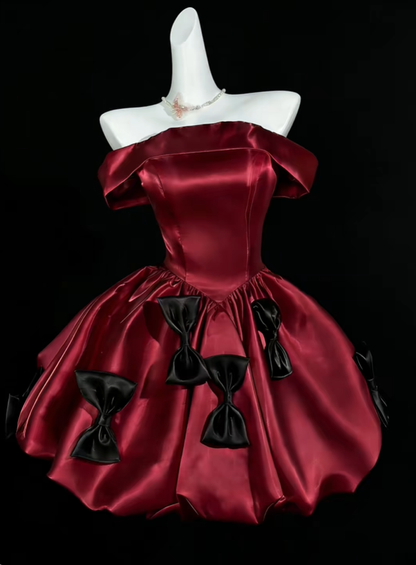 Cute Off The Shoulder Pink Satin Bow A Line Short Homecoming Dress Birthday Dress SP3526
