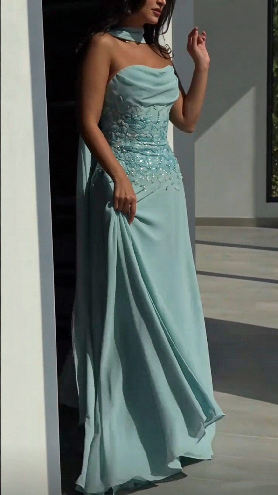 Elegant Strapless Mint Green Chiffon Beaded Slit Long Party Dress Prom Gowns SP4272