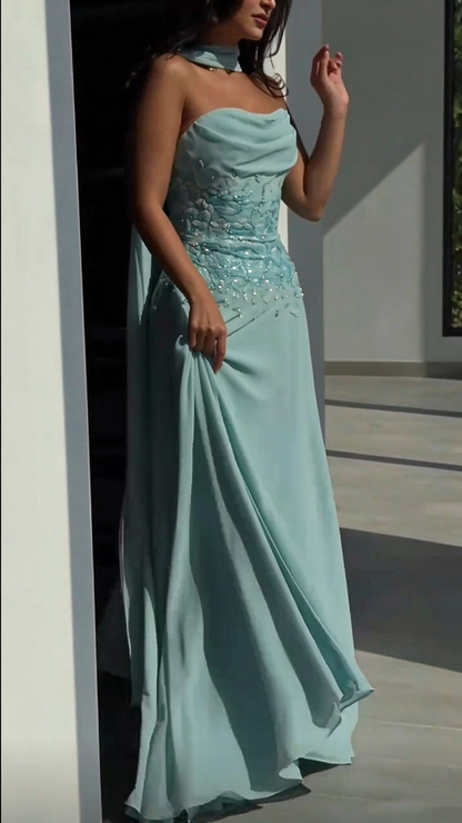 Elegant Strapless Mint Green Chiffon Beaded Slit Long Party Dress Prom Gowns SP4272
