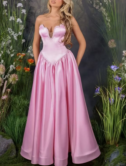 Elegant Pink Strapless Satin Beaded A Line Long Party Dress Birthday Prom Dress SP3027
