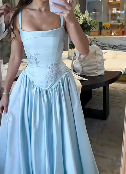 Pink Elegant A-Line Spaghetti Strap Satin Long Evening Dress Prom Dress Y7820