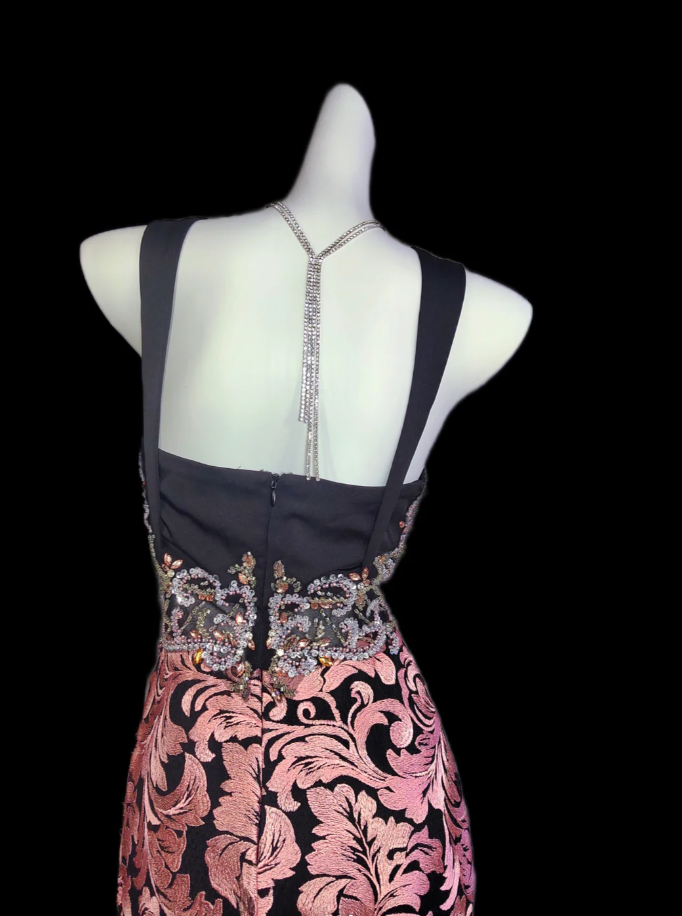 Vintage Pink Satin Print Floral Beaded Mermaid Prom Dress Long Party Dress SP349