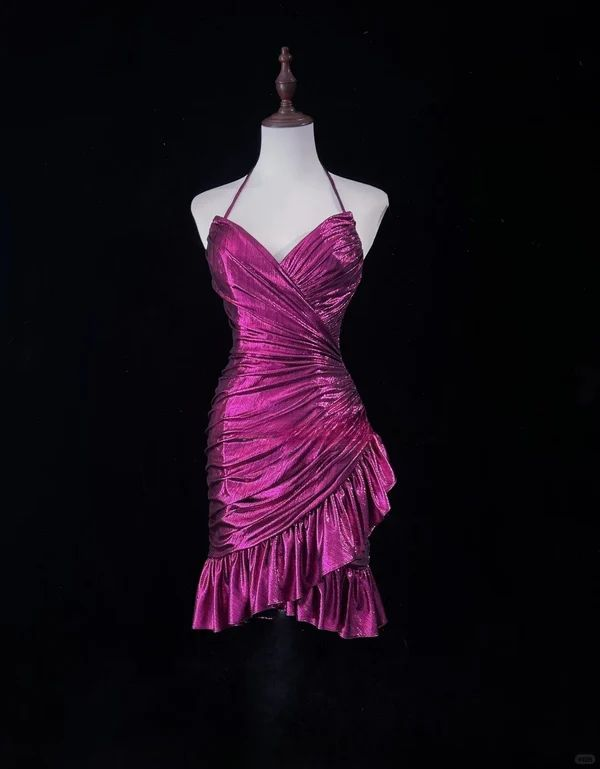 Vintage Halter Satin Pleated Mini Cocktail Dress Graduation Homecoming Dress Y9122