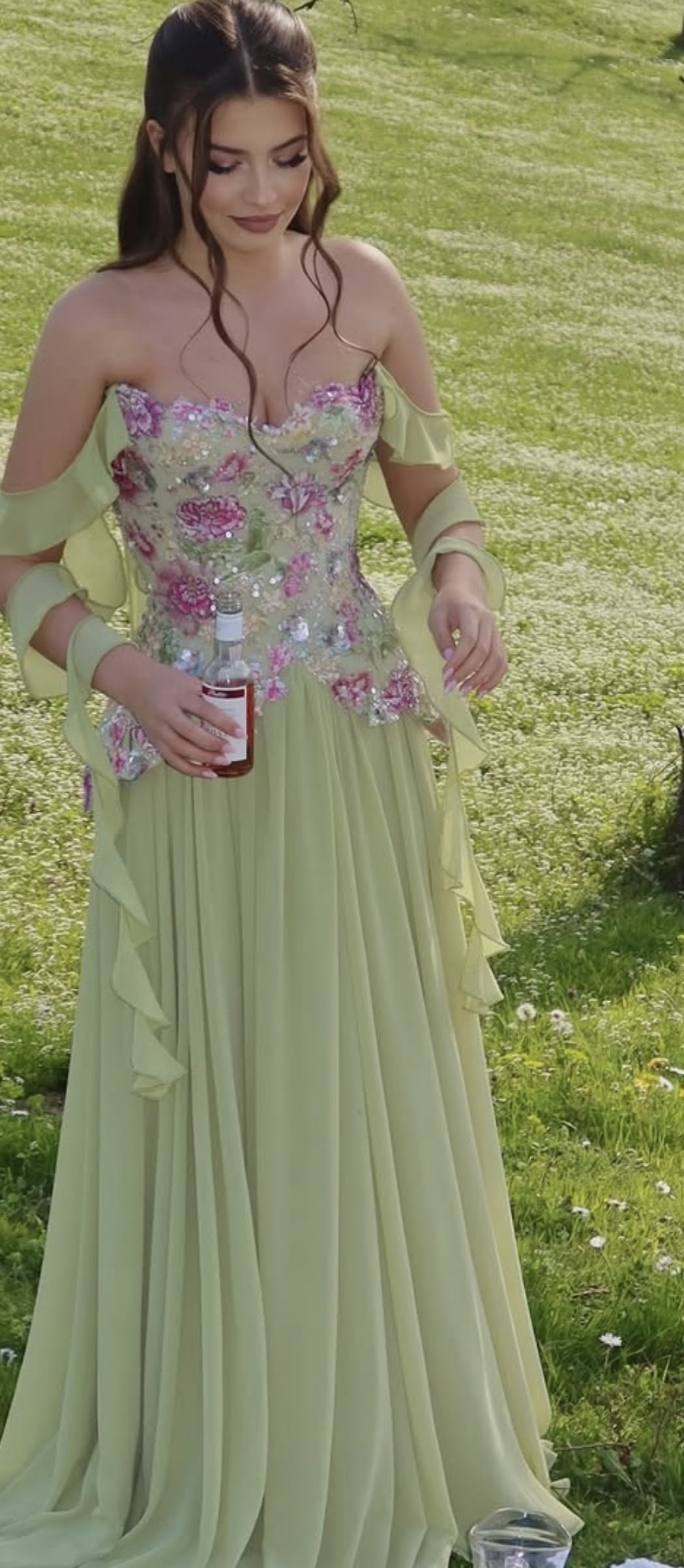 Classy Pink Chiffon Sequin Floral A Line Long Party Dress Prom Dress SP4301