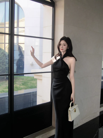 Sexy Black Halter Satin Mermaid Long Evening Dress Birthday Prom Dress SP1643