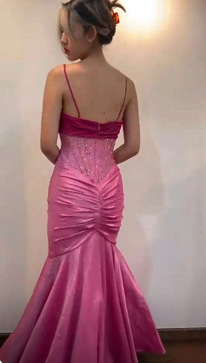 Vintage Spaghetti Straps Pink Satin Pleated Beaded Mermaid Long Party Dress SP4213