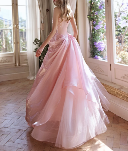 Fairy Pink Strapless Organza Pleated Beaded Long Birthday Party Dress Princess Prom Gowns SP2092