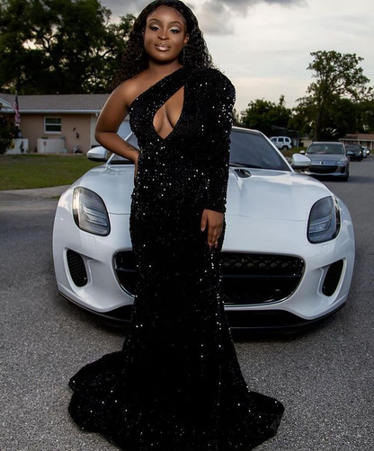 Sexy Black Mermaid Sequin Prom Dress,Long Sleeve Formal Dress Party Gown Gala  Y4273