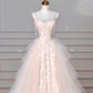 Classy Light Pink Tulle ALine Wedding Dress,Formal Prom Evening Dress Y8623