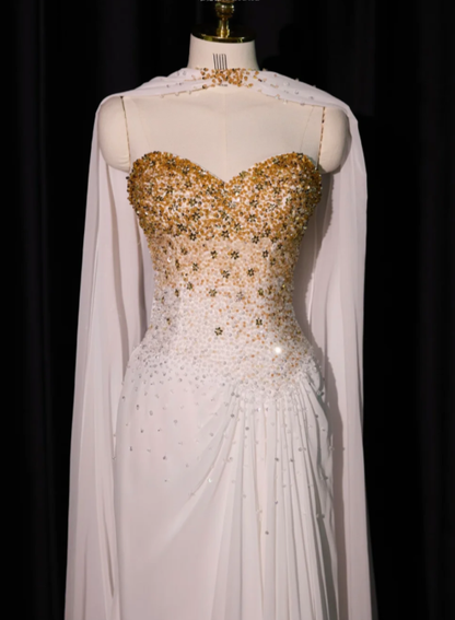 Gorgeous Sweetheart Neck White Chiffon Beaded Long Evening Dress Prom Gown With Cape SP2237