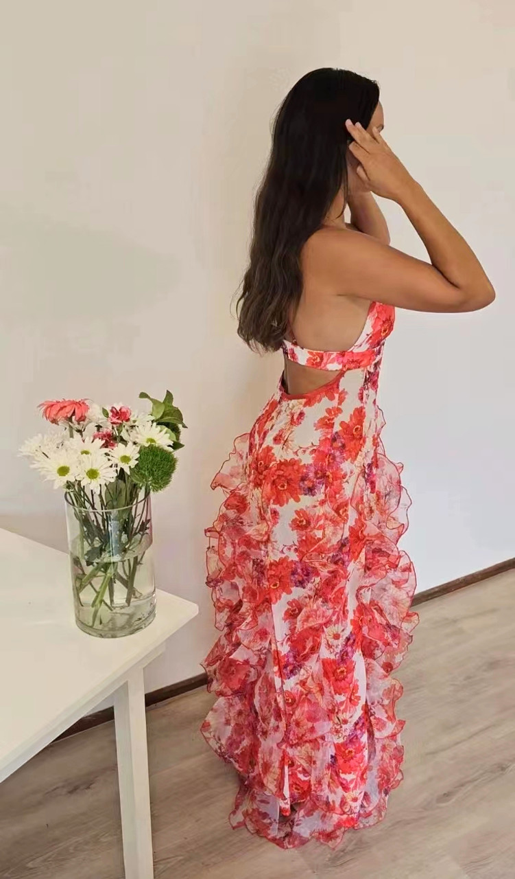 Sexy Floral Ruffle Long Party Dress Red Backless Evening Dress Y8703
