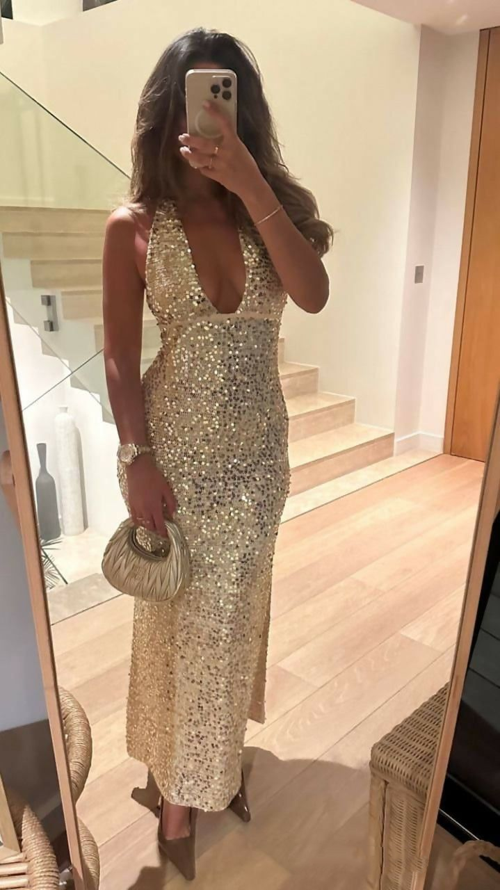 Sparkly Deep V Halter Sequin Long Evening Dress Backless Prom Dress SP790