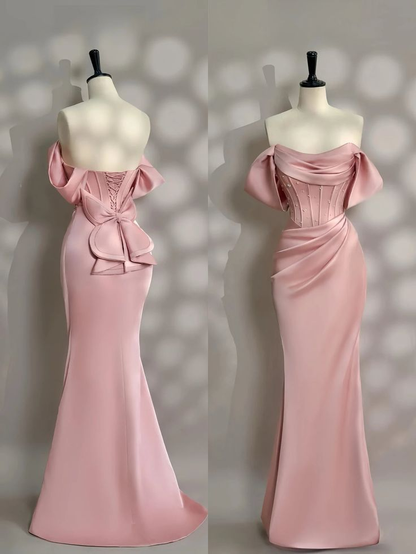 Classy Long Pink Satin Off Shoulder Evening Party Dresses Mermaid  Wedding Guest Dresses Y8693