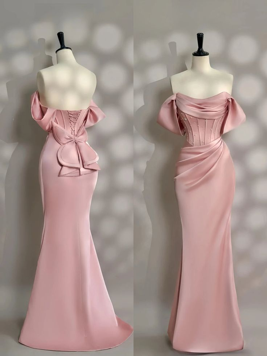 Classy Long Pink Satin Off Shoulder Evening Party Dresses Mermaid  Wedding Guest Dresses Y8693