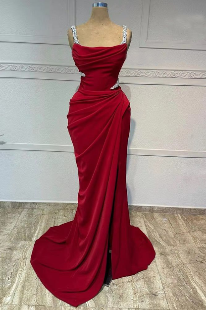 Charming Spaghetti Straps Red Satin Beads Slit Long Prom Dresses Mermaid Evening Dress SP1007