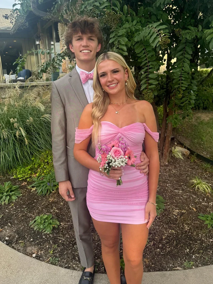 Classy Off The Shoulder Chiffon Pleated Sheath Mini Birthday Dress,Pink Short Graduation Homecoming Dress SP2873