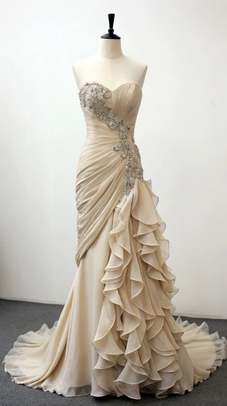 Vintage Sweetheart Neck Chiffon Pleated Ruffled Mermaid Long Wedding Dress SP403