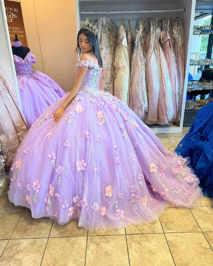 Lavender Applique Off Shoulder Shiny Elegant Tulle Ball Gown 3D Flowers Princess Dress Sweet 15th Y285