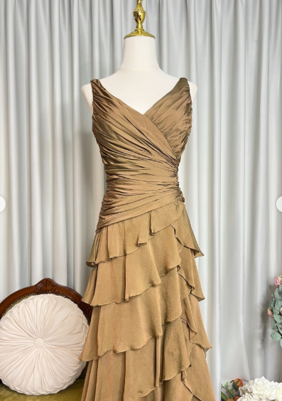 Vintage V Neck Satin Pleated Layered Ruffle Mermaid Prom Gown Formal Birthday Party Dress SP628