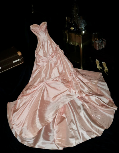 Classy Pink Strapless Satin Beaded Pleated Mermaid Long Party Dress Birthday Prom Gown SP953