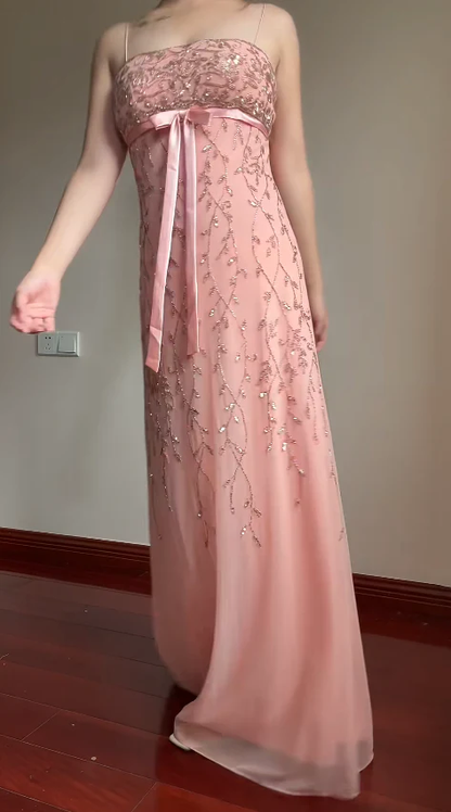 Classy Spaghetti Strap Pink Chiffon Beaded Long Prom Dress Formal Evening Dress SP944