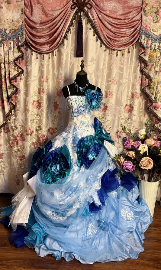 Pretty Spaghetti Straps Tulle Satin Print Floral Ball Gown Formal Quinceanera Dress With 3D Flowers SP933