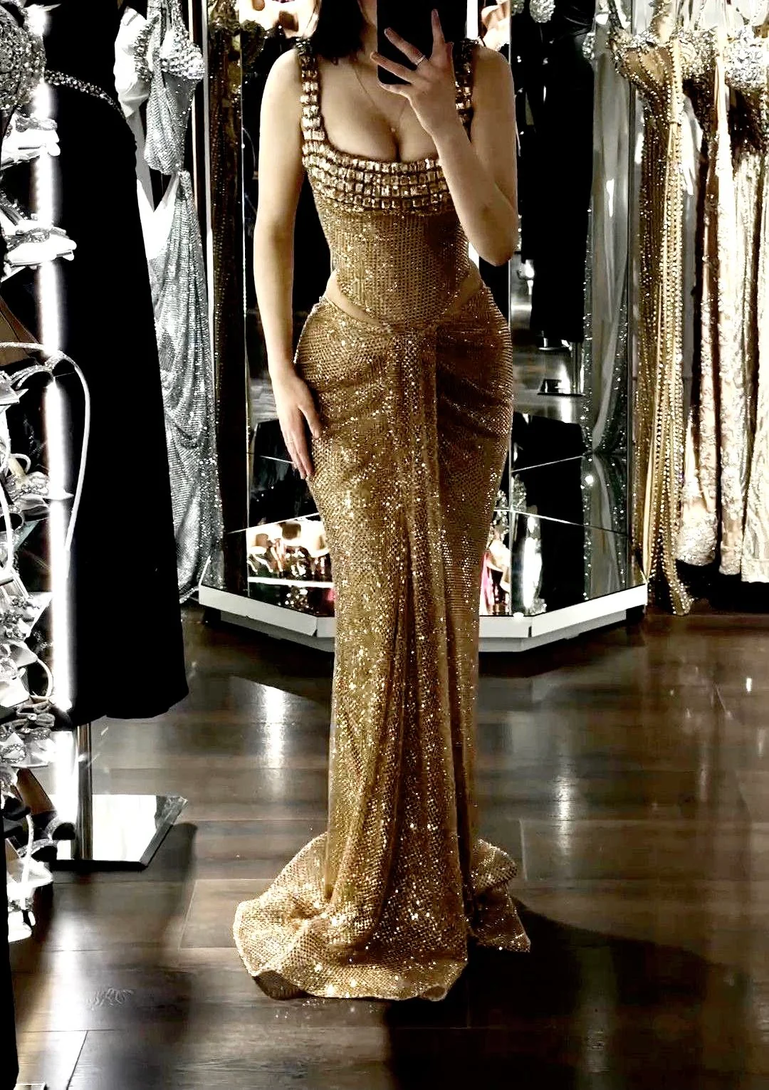 Gorgeous Gold Sequin Beaded Mermaid Slit Long Party Dress Evening Gown SP4122