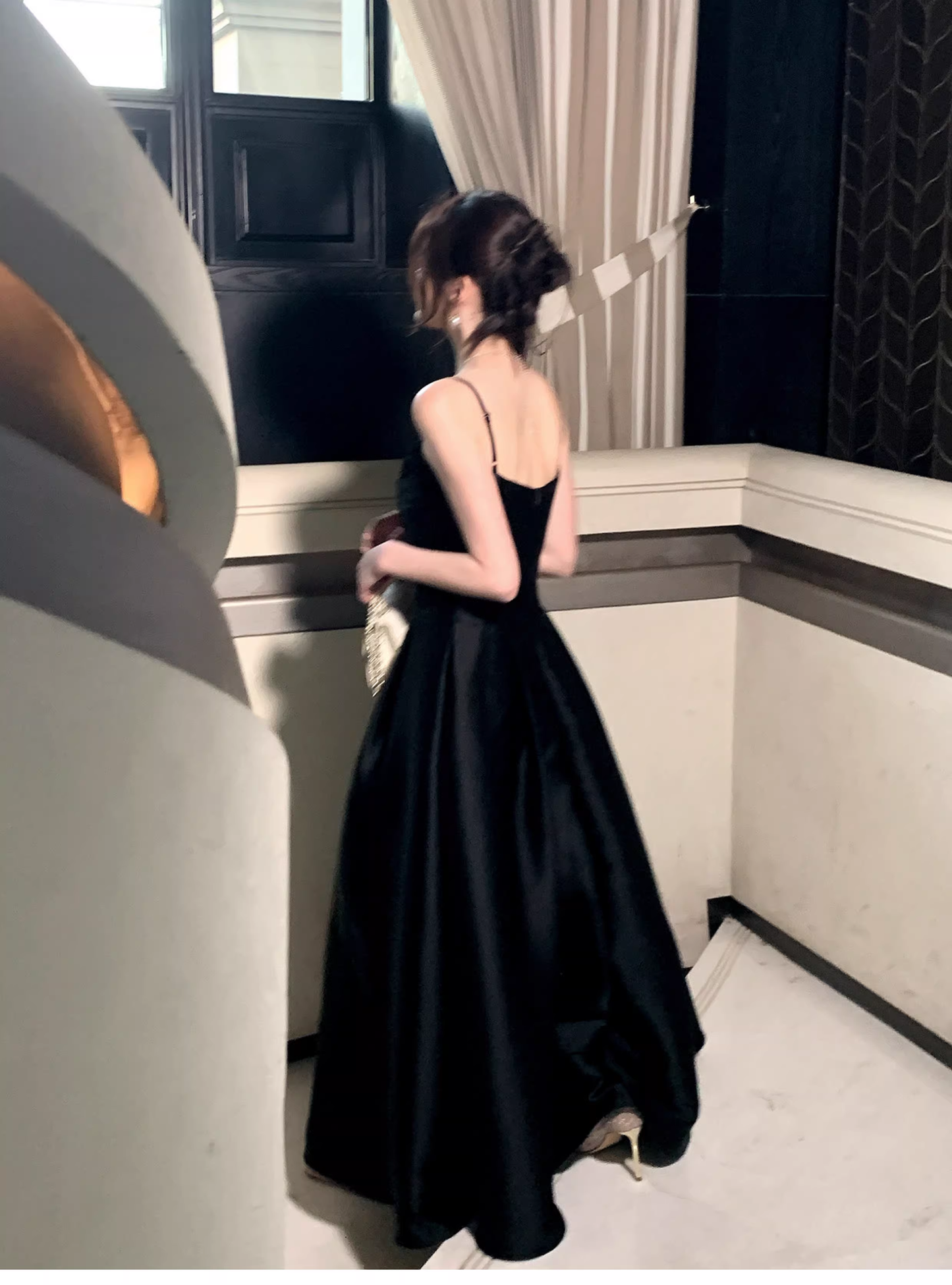 Sexy Black Spaghetti Straps Satin A Line Long Wedding Guest Dress Formal Birthday Prom Dress Party Dress SP1492